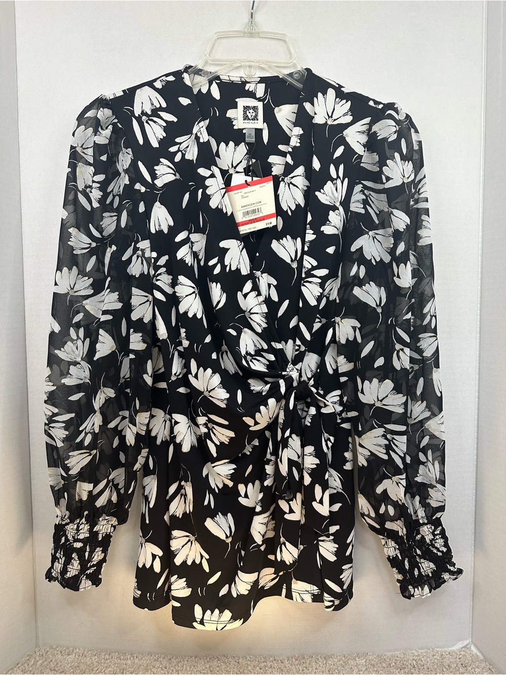 Anne Klein Black & White Floral Tie-Front Blouse, Sheer Sleeves, size XS, NWT